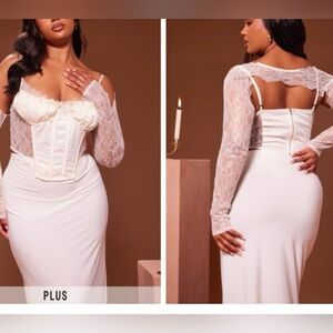 NWT PrettyLittleThing Plus Cream Gossamer Lace Satin Insert Sleeve Detail Corset